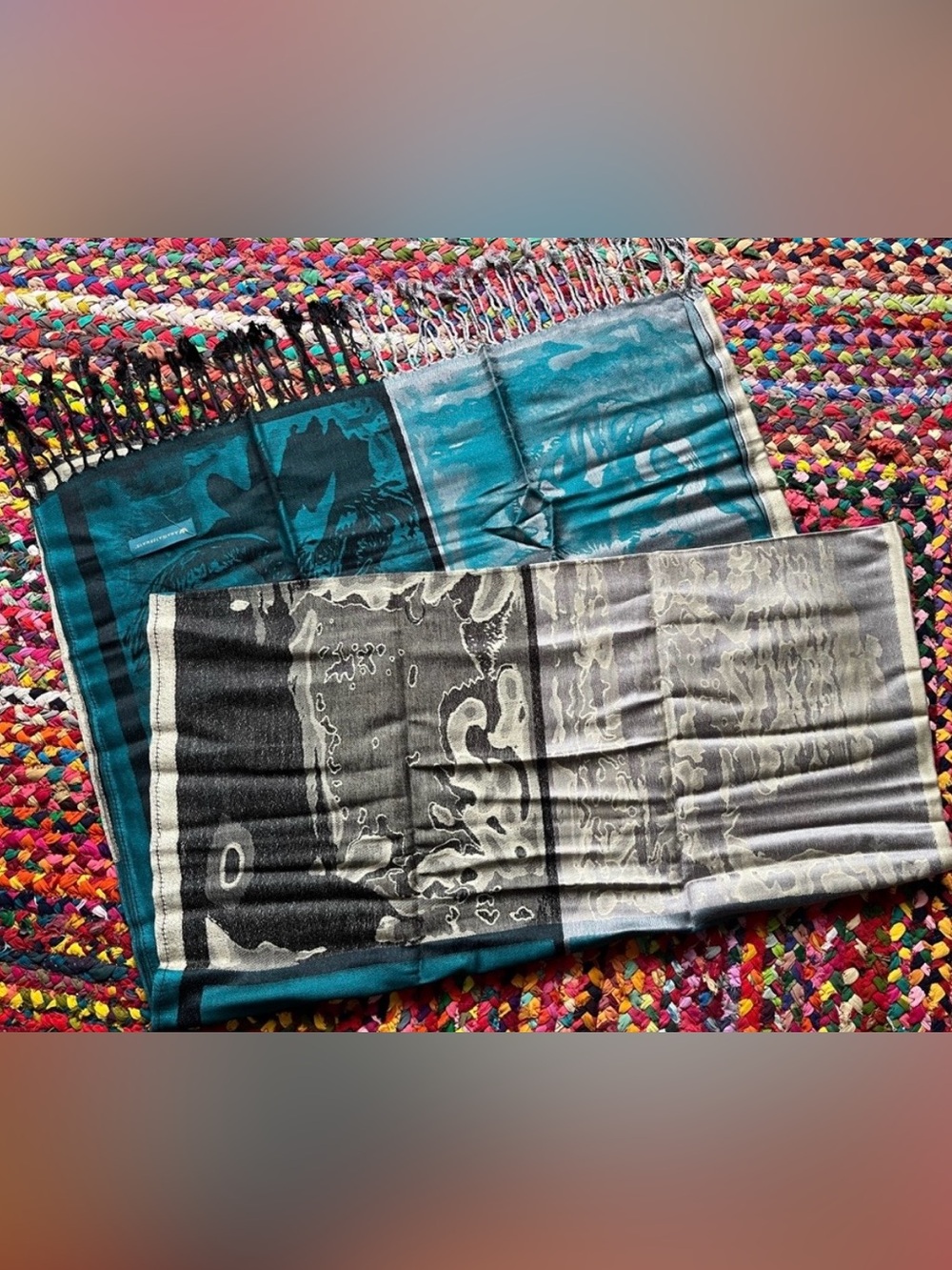 ROMANTIC AMAWATERWAYS TEAL AND BLACK FESTIVAL PASHMINA SCARF